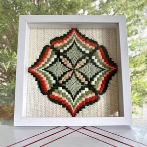 Framed Crewel Embroidery Shadow Box Geometric Diamond Wall Art